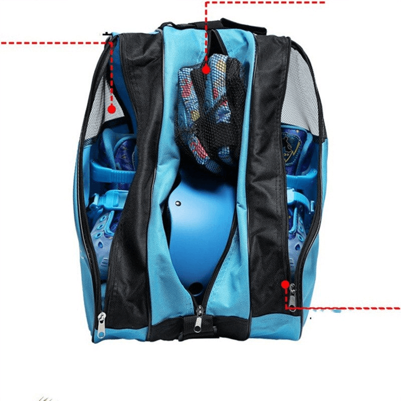 Unisex portable mesh bag for roller skates featuring multiple compartments, shown with equipment including helmet and skates inside.